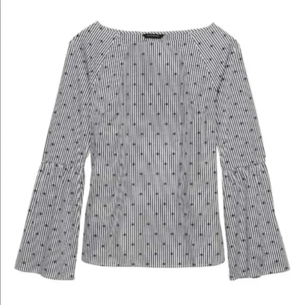 Banana Republic Gray Grey Top XS 70s Style Bell Sleeves Blouse Cotton Patterned